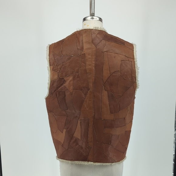 Men's Patchwork Shearling Lining Leather Vest Brown 40 rustic winter bohemian - Picture 2 of 9